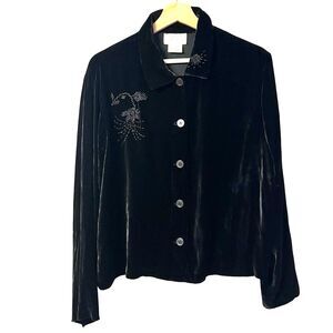 Vintage Field Manor Black Velvet Beaded Top Jacket Size L Whimsigoth Evening Y2K